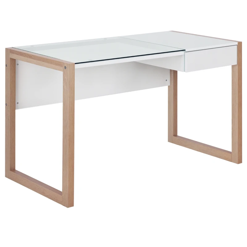 HOMCOM Scrivania Moderna di Design in Legno e Vetro Temperato con Cassetto, Bianca e Color Legno, per Ufficio, 120x60x75cm