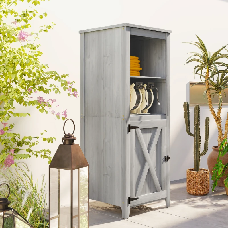Outsunny Cabanon de jardin avec porte de grange, étagères ajustables, design fin, bois de sapin, Gris clair