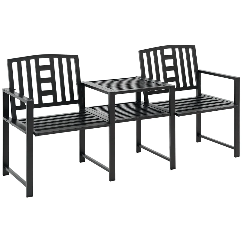 Outsunny Banc de Jardin Moderne 2 Places avec Table et Trou pour Parasol Mobilier d'Extérieur 165x56x85.5cm Noir