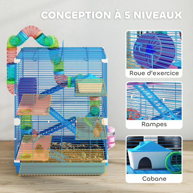 PawHut Cage pour hamster rongeur 4 étages avec tunnels mangeoire roue maison échelles 46 x 30 x 58 cm bleu(m-6)