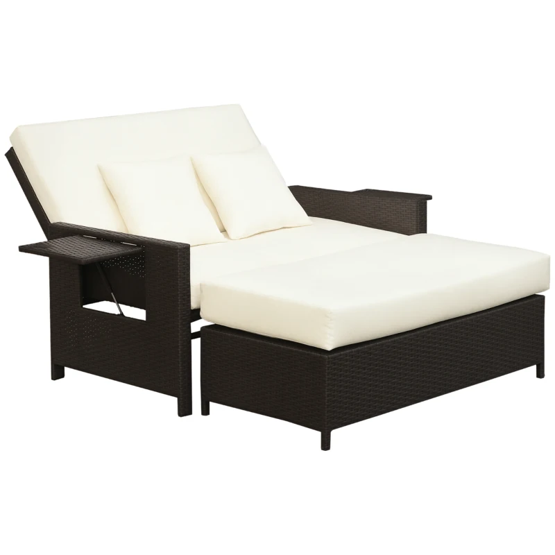 Outsunny Canapé-lit de jardin modulable en résine tressée bain de soleil 2 places dossier inclinable tablettes rétractables coussins intégrées crème + repose-pieds avec coffre de rangement chocolat