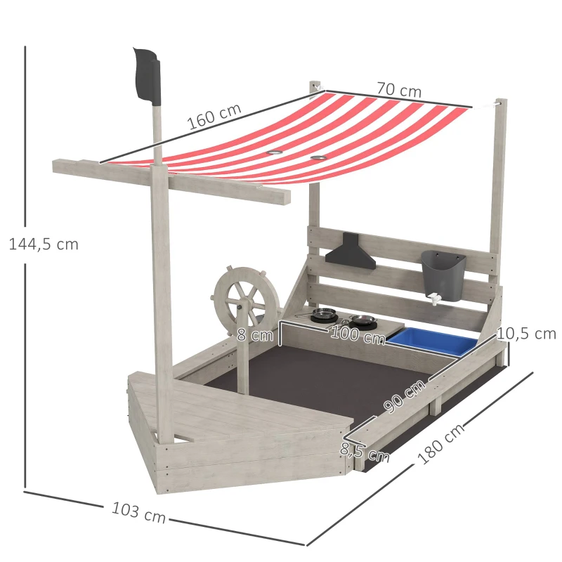 Outsunny Bac à Sable de Navire de Pirates avec Auvent, Inclut Ensemble de Jeu de Cuisine pour Enfants, Bois Massif, 180 x 103 x 144,5 cm, Gris