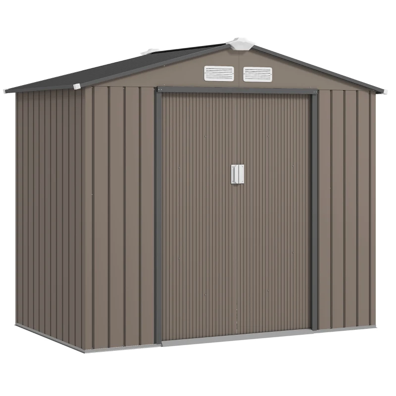 Outsunny Abrigo de Jardim 213x130x185 cm Abrigo de Jardim Metálico de Exterior com 2 Portas Deslizantes e 4 Janelas Marrom