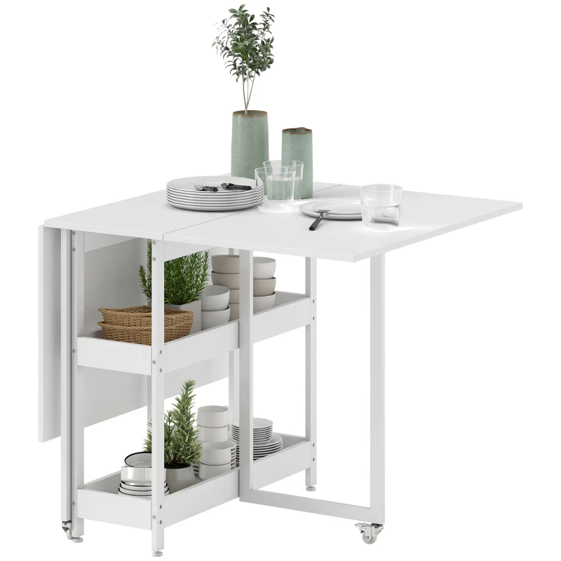 HOMCOM Table à manger pliante design industriel, pour jusqu'à 4 personnes, étagères ouvertes, flexible, Métal, Panneau de particules, Blanc