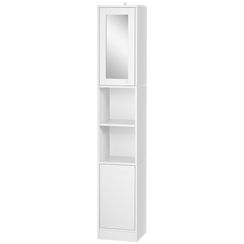 kleankin Colonne Salle de Bain Gain de Place en Bois avec Miroir et Ouverture par Pression, 30x28x170cm, Blanc