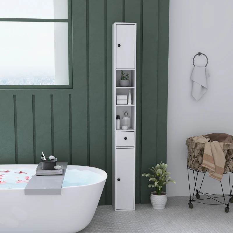 HOMCOM Colonne de Salle de Bain Gain de Place avec 2 Armoires, 3 Étagères Ouvertes et Tiroir, en Bois, 20x20x178 cm, Blanc