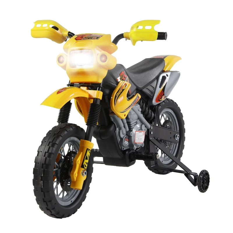 HOMCOM Moto électrique enfants, moto cross pour enfants avec batterie 6 V, phares, musiques et roues d'entraînement, 3 à 6 ans, charge 25KG, jaune et noir
