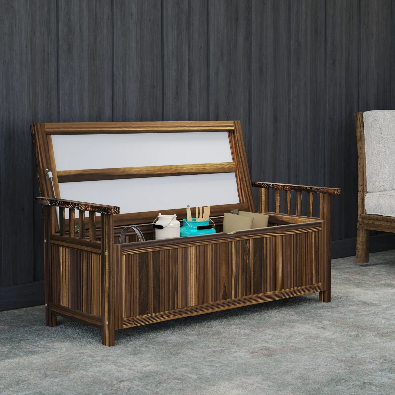 Outsunny Banc de Jardin en Bois pour Deux Personnes, Banc de Jardin Résistant aux Intempéries avec Rangement Accoudoirs 128,5 x 56 x 53,5 cm, Charbon de Bois