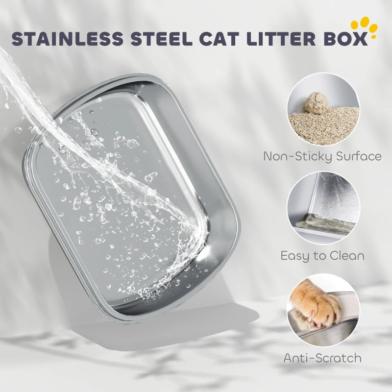 PawHut Stainless Steel Cat Litter Box with Lid, for Cats, Enclosed Cat Litter Box with Flip Cover, Scoop
