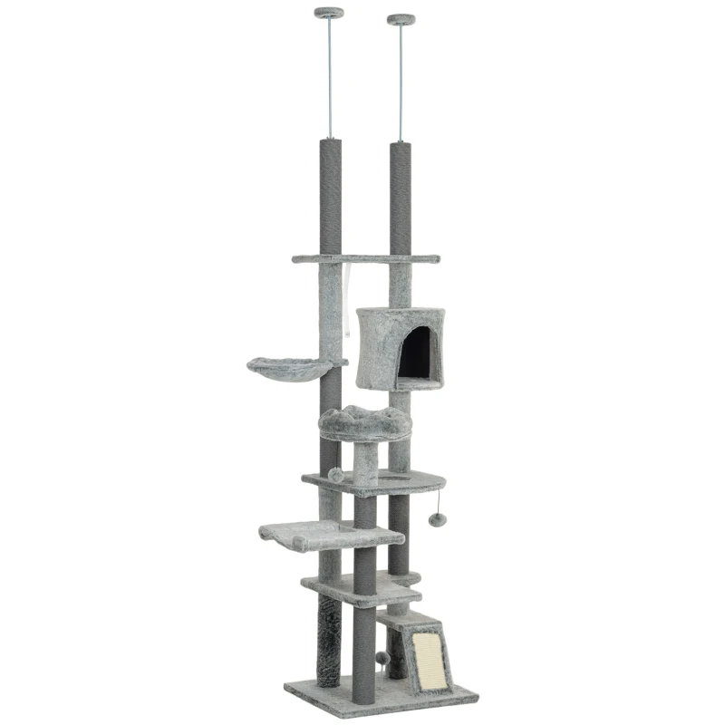 PawHut Árbol para Gatos de Suelo a Techo de 225-255 cm con Altura Ajustable Plataformas Cueva Cama Hamaca Rampa Bolas Gris