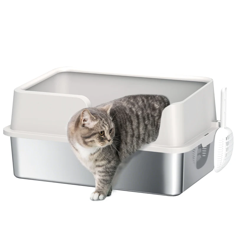 PawHut Stainless Steel Litter Box with Detachable Rim, Scoop, Easy Cleaning, Odour-Resistant, 60 x 40 x 28 cm