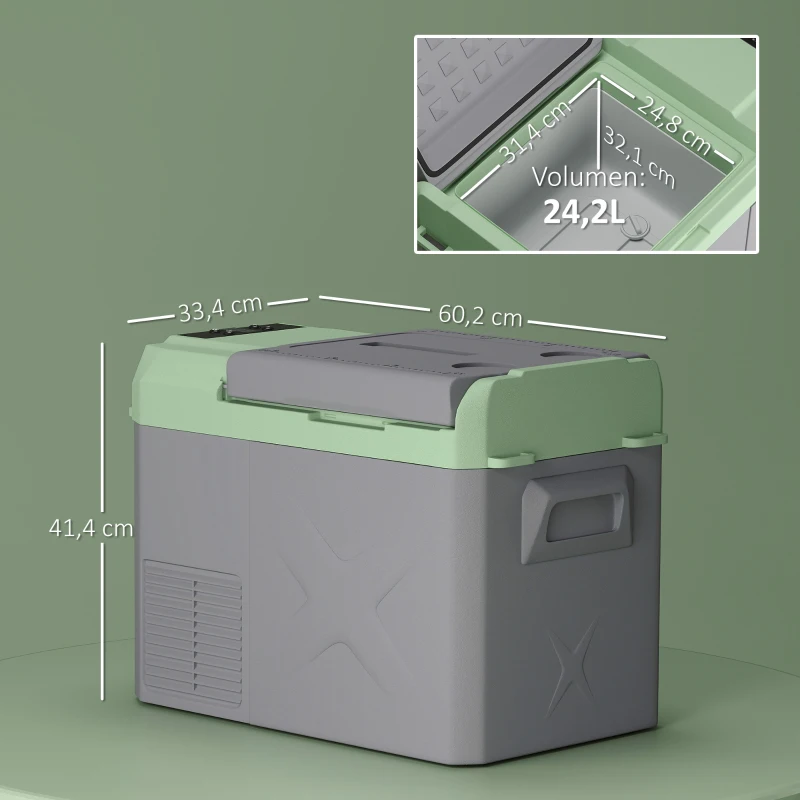 Outsunny Réfrigérateur de Camping 24,2 Litres, Réfrigérateur de Voiture, Glacière avec Lumière LED, Adaptateurs AC et DC, Fonctionnement Silencieux, Gris+Vert