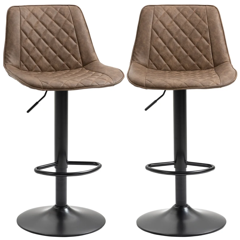 HOMCOM Set 2 Tabourets de Bar avec Hauteur Réglable et Pivotants, Revêtement en Similicuir, Marron Foncé