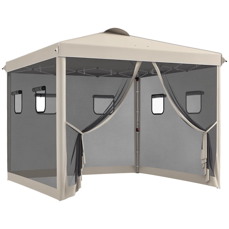 Outsunny Tonnelle Pliante, réglable en hauteur, rideaux en filet, sac de transport, structure métallique, 3 x 3 x 3 m, Beige