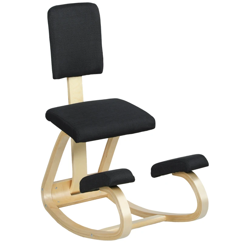 HOMCOM Silla Ergonómica de Rodillas con Movimiento de Balanceo en Tela de Efecto Lino y Madera de Abedul, 51x84x93 cm, Negro
