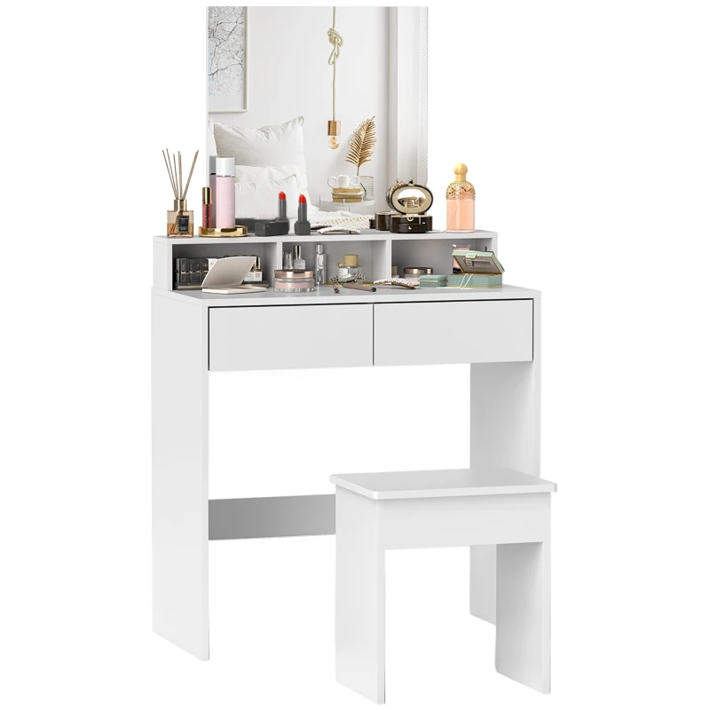 HOMCOM Table de Maquillage avec Miroir, 3 Étagères, 2 Tiroirs et Tabouret, en Bois, 75x38x135 cm, Blanc