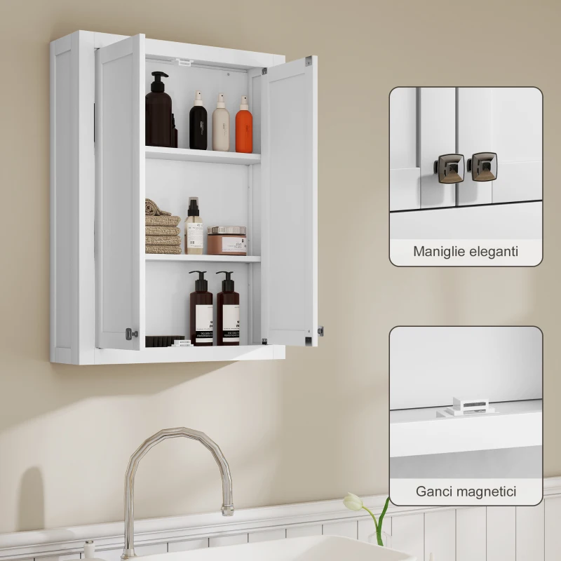 HOMCOM Mobile da Bagno a Parete in Legno con 2 Ripiani Regolabili su 3 Livelli, 61x20x84 cm, Bianco