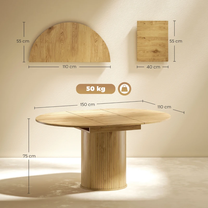 HOMCOM Table à manger extensible, table de cuisine, pour 6 à 8 personnes, 110-150 x 75 cm, effet bois naturel