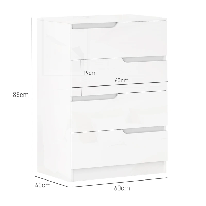 HOMCOM Commode Moderne, Chambre À Coucher, 4 Tiroirs, Panneaux de particules, Dispositif Anti-Basculement, Patins de Pied, Blanc(m-3)