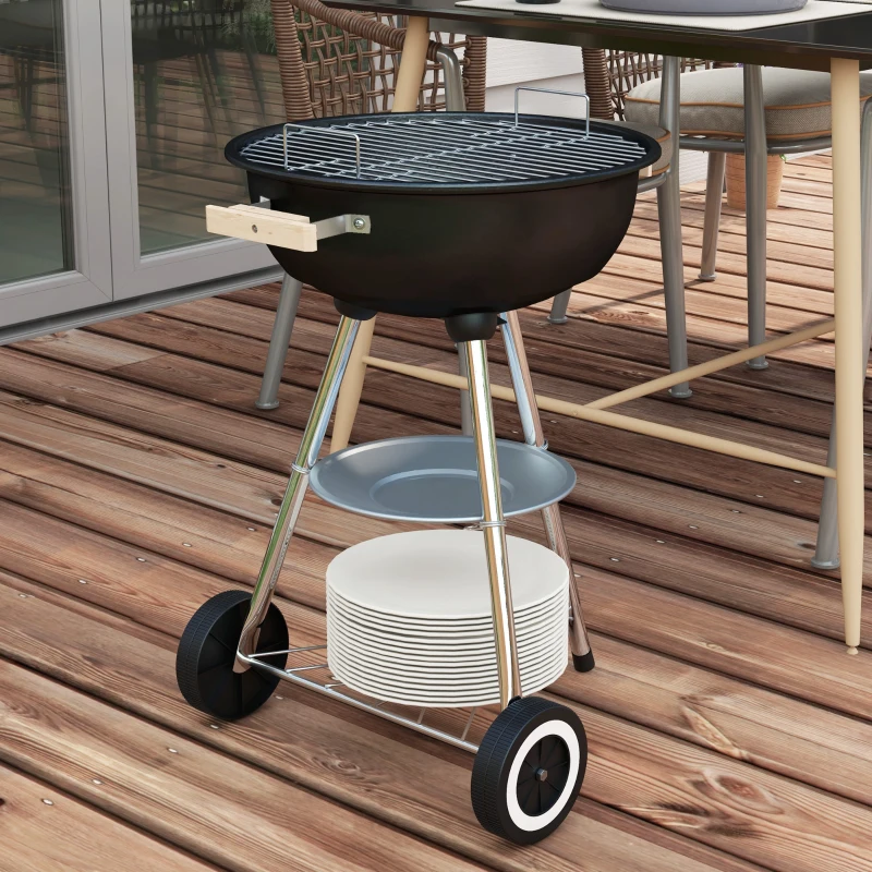 Outsunny Barbecue à Charbon avec Grille en Acier, Couvercle et Prises d'Air et Roues, Noir