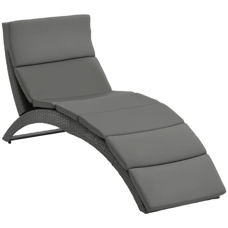 Outsunny Șezlong de Grădină Pliabil din Ratan PE, Șezlong Curbat Ergonomic cu Pernă pentru Terasă și balcon, 59x156x78 cm, Gri