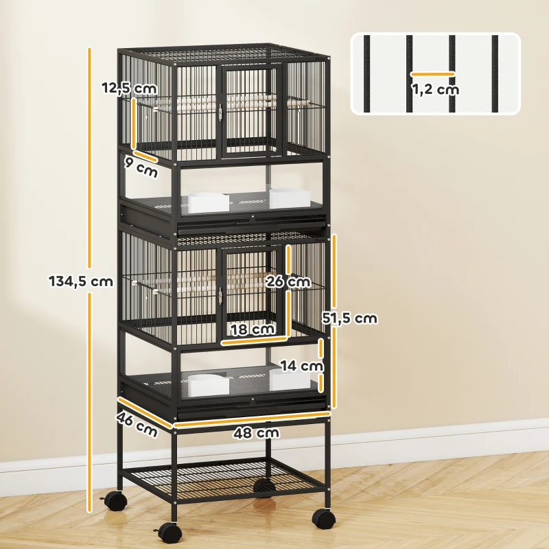 PawHut Gaiola para Pássaros de 2 Níveis com Rodas Painéis Acrílicos Comedouros Prateleira Bandejas Amovíveis  48x46x134,5 cm Preto