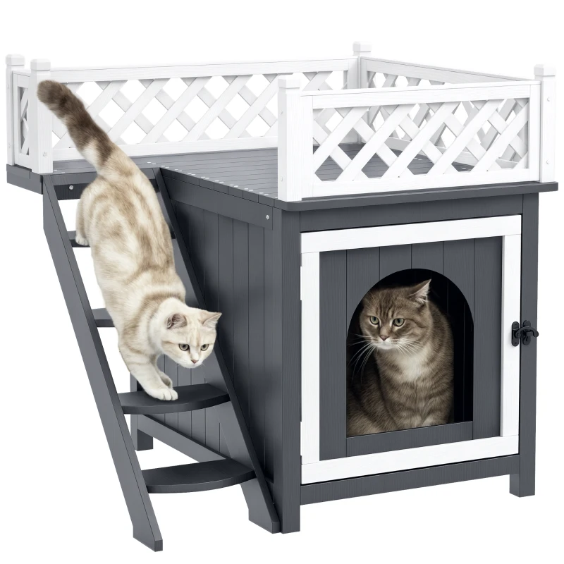 PawHut Maison pour chat niche pour chat à 2 étages avec balcon escaliers en bois massif 67,5 x 63 x 68,5 cm gris