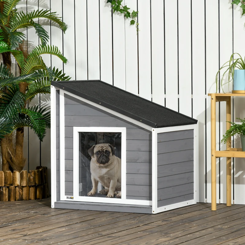 PawHut Niche pour Chien en Bois Massif, Résistant aux Intempéries, Toit en Asphalte, 71 cm x 58 cm x 77 cm, Gris + Blanc