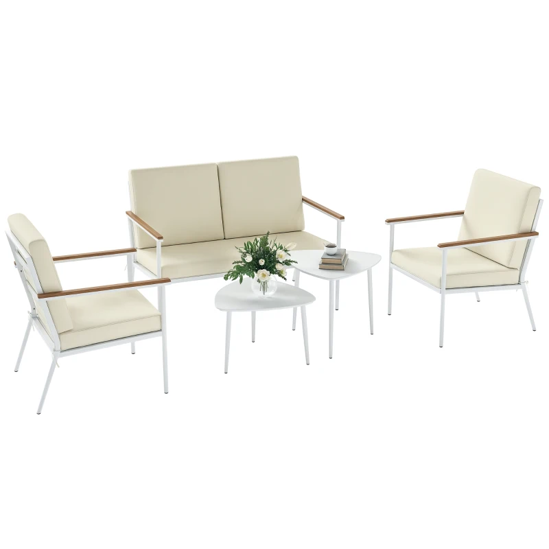 Outsunny Conjunto de Muebles de Jardín de 5 Piezas con Sofá Sillones y Mesas con Tablero de Vidrio Templado Cojines Beige