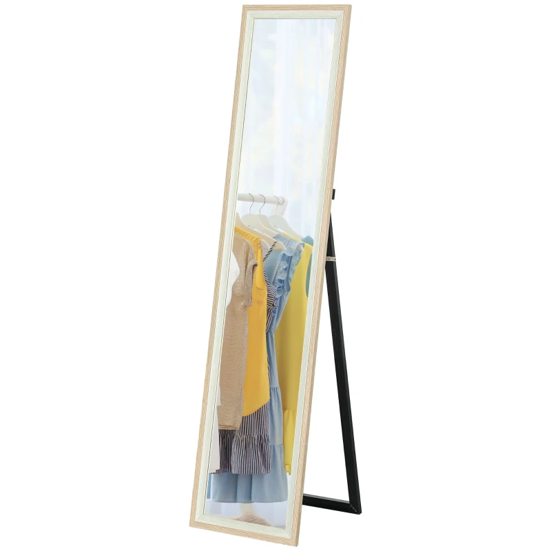 HOMCOM Espejo de Cuerpo Entero 157x37 cm Espejo de Pie o de Pared con Marco de MDF y Soporte Blanco y Natural