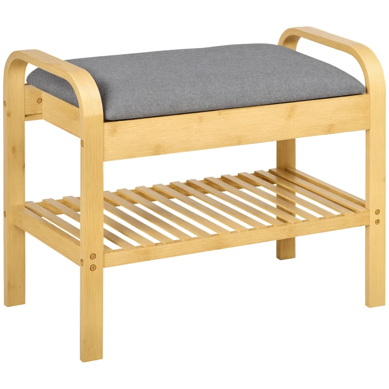 HOMCOM Banco Sapateira de Bambú com Prateleira Almofada Acolchoada Abatível e Espaço Oculto de Armazenamento 60x33x50cm Natural