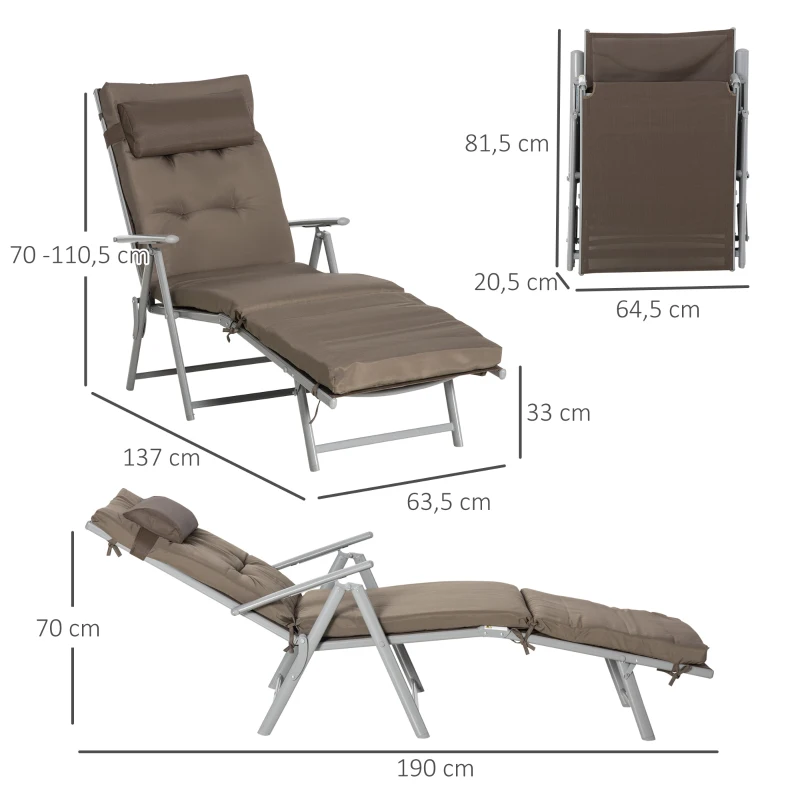 Outsunny Transat pliable de plage avec coussin de siège et coussin de tête Chaise longue avec dossier réglable en 7 positions Transat de jardin relaxant jusqu'à 165 kg, pour jardin vacances extérieur, marron