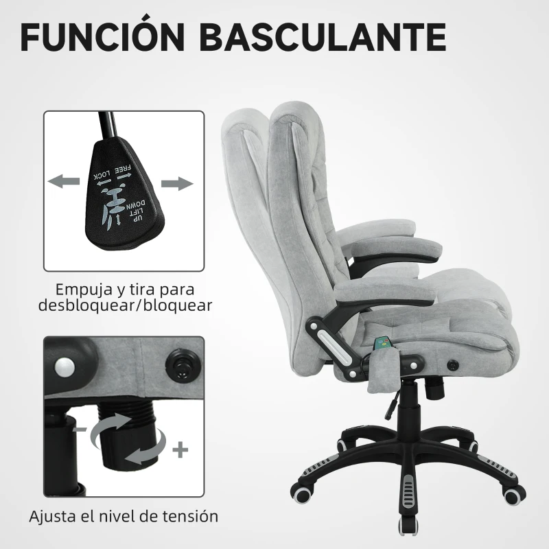 Vinsetto Silla Oficina con Masaje de 6 Puntos con Función Basculante con Calefacción Altura Ajustable 65x71x110-120 cm Gris
