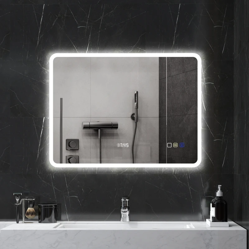 HOMCOM Miroir de Salle de Bain avec Lumière LED 80x60 cm avec Bluetooth 3 Couleurs de Lumière Fonction Antibuée Fonction de Mémoire IP44