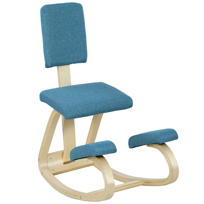 HOMCOM Silla Inclinada de Rodillas con Balanceo en Tela Efecto Lino y Madera de Abedul, 51x84x93 cm, Marrón Oscuro