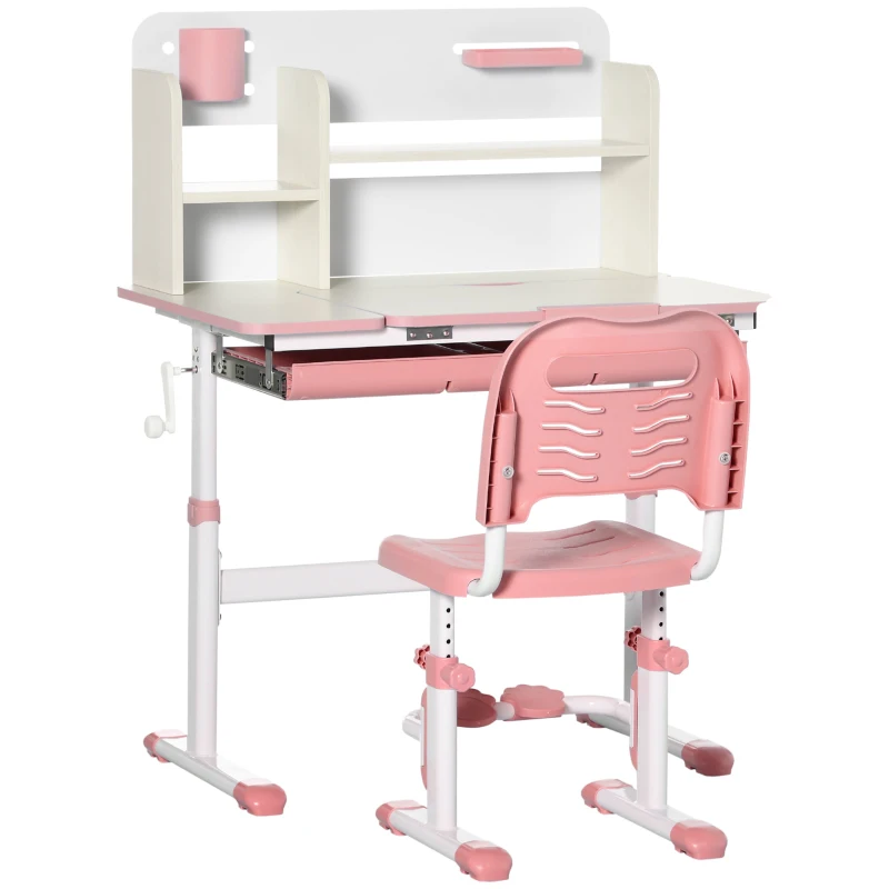 HOMCOM Escritorio y Silla para +3 Años con Altura Ajustable y Mesa Inclinable 80x52x88-109 cm y 35,5x44,5x66-80 cm Rosa