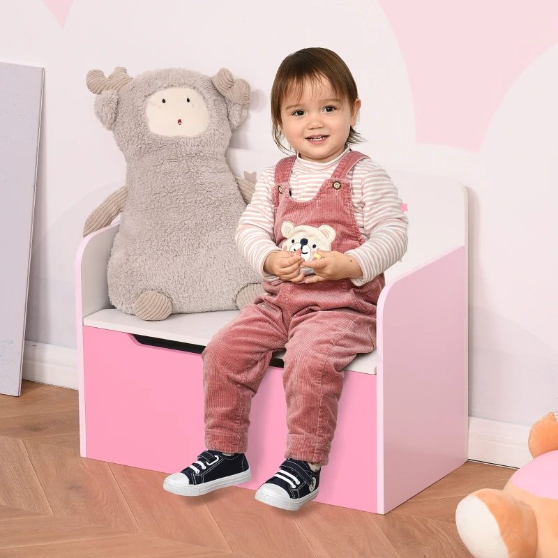 HOMCOM Banquette de Rangement avec Dossier en Bois pour Enfants de 3-6 Ans, 60x30x50 cm, Rose