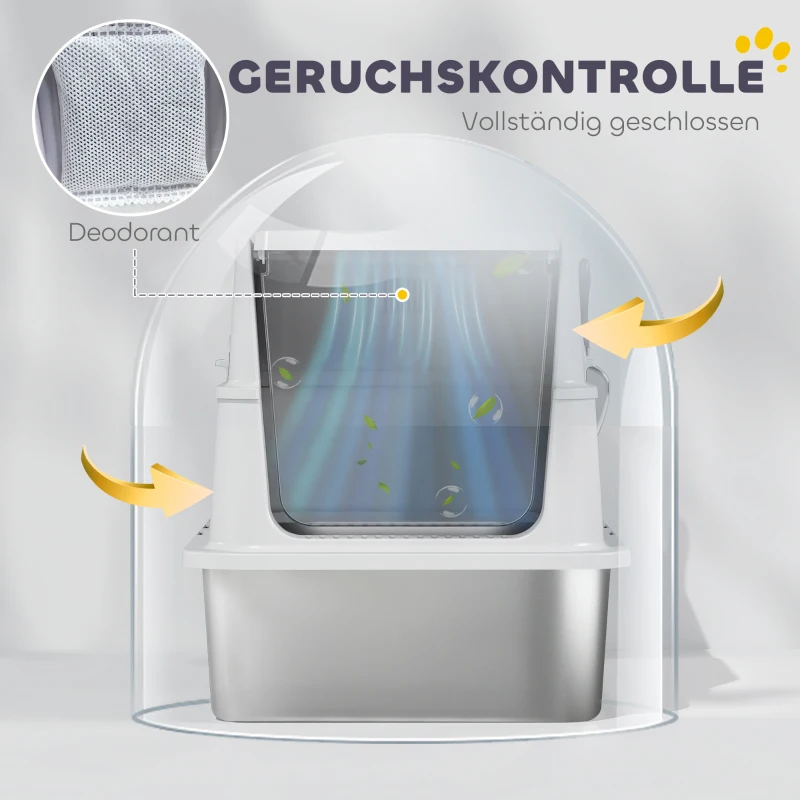 PawHut Kattenbak, roestvrij staal, XL-interieur, met schep, lichtgrijs(m-6)