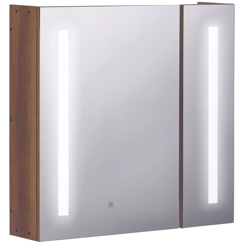 Kleankin Oglindă de Baie cu Lumini LED Reglabile, Dulap de Baie cu 2 Uși cu Oglindă și Raft Reglabil, 70x15x65 cm, Maro