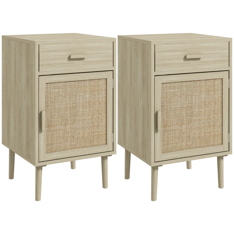 HOMCOM Set 2 Tables de Nuit pour Chambre avec Tiroir et Porte en Rotin Style Boho, Couleur Bois