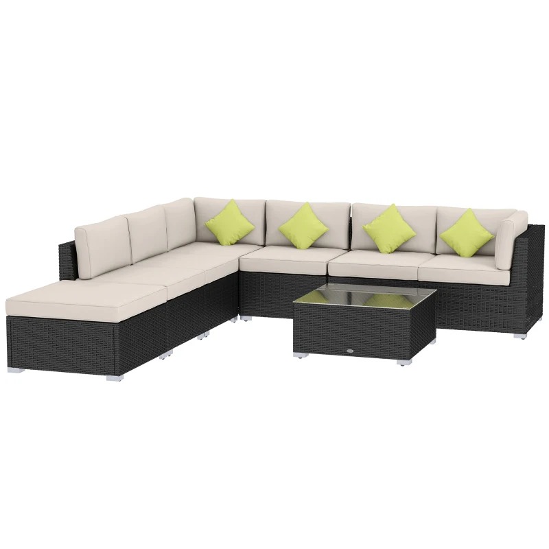Outsunny 8 Pieces PE Rattan Corner Sofa Set Garden Aluminium Furniture Set with Glass Top Table Washable Cushion Cover Black