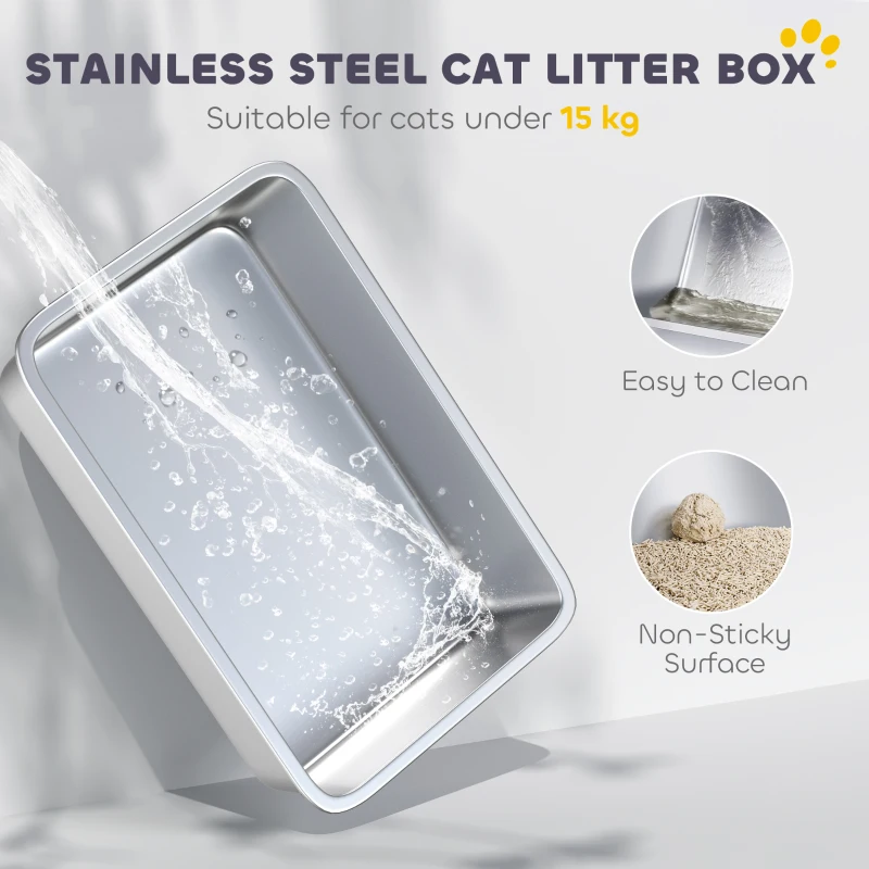 PawHut Kattenbak, kattenbox met deksel, kattenbakschep, vooringang en bovenuitgang roestvrijstaal tot 15 kg(m-4)