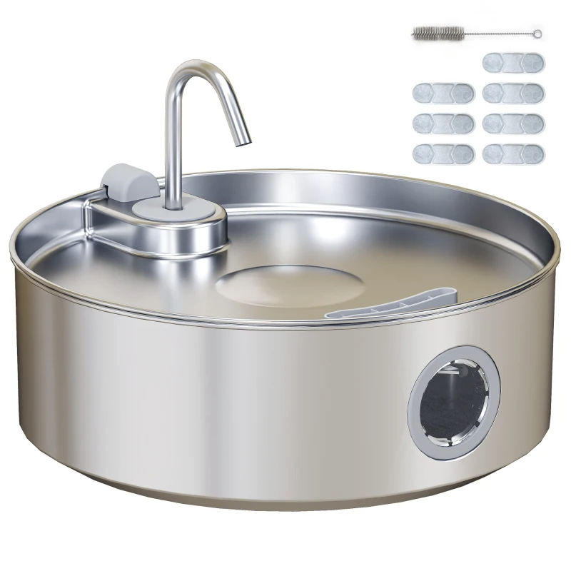 PawHut Fontaine pour Chat 7L avec LED et Triple Filtration, en Acier Inoxydable 304, 30.5x31.2x19.3 cm, Argent