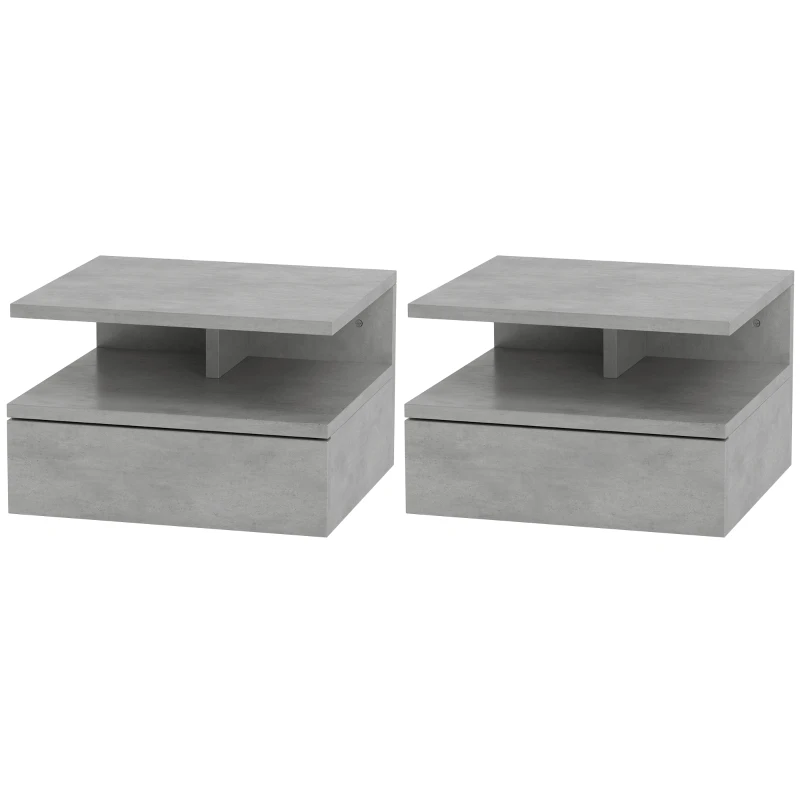 HOMCOM Set de 2 Tables de Chevet Suspendues pour Chambre à Coucher avec Tiroir et Étagère en Bois 35x32x22.5cm, Gris