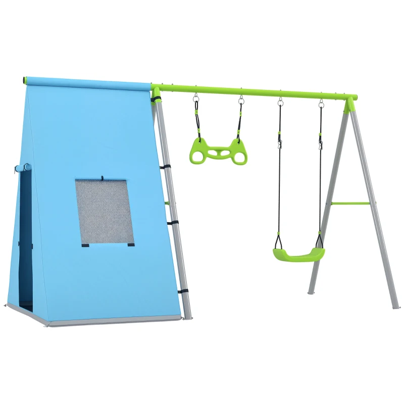AIYAPLAY Baloiço para Crianças 3 em 1 Baloiço para Jardim Exterior com Baloiço Anéis de Ginástica e Tenda 283x180x182 cm Verde
