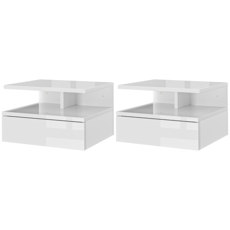 HOMCOM Ensemble de 2 Tables de Chevet Modernes Suspendues avec Tiroir et Étagère en Bois 35x32x22.5cm, Blanc Brillant