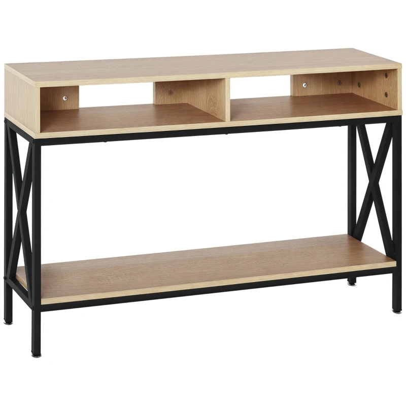 HOMCOM Table Console Table d'Entrée Industriel Multi-rangements 120 x 23,5 x 75 cm Bois Chêne