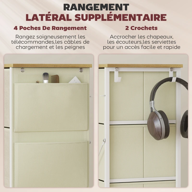 HOMCOM Commode 4 tiroirs en tissu, meuble de rangement avec 4 poches, 2 crochets, structure en acier, 45 x 30 x 94,5 cm, beige