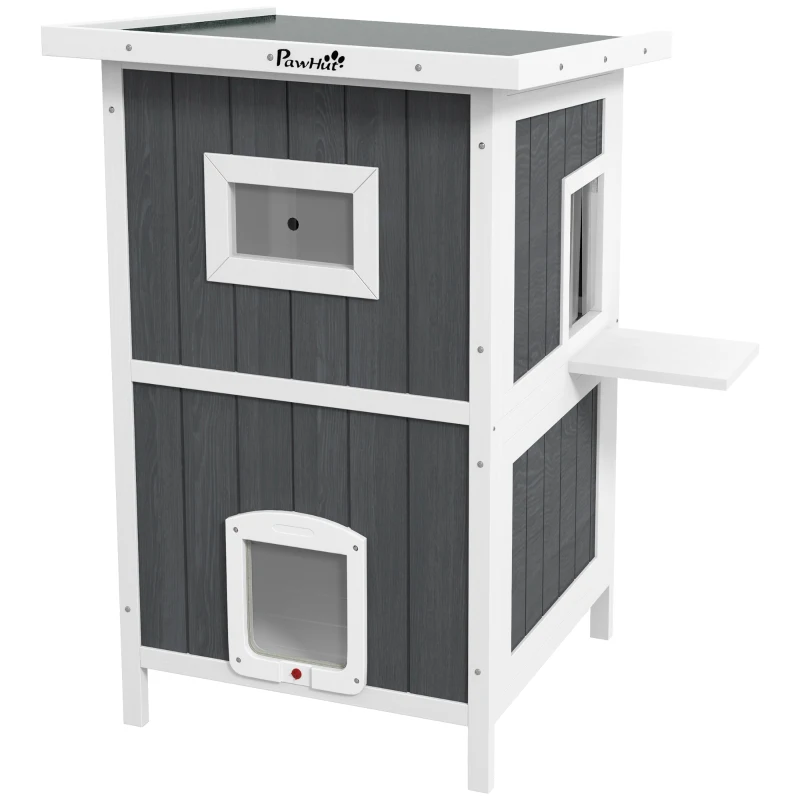 PawHut Niche pour chat extérieure maison pour chat 2 niveaux porte chatière porte à lamelles 60 x 60 x 90,5 cm gris