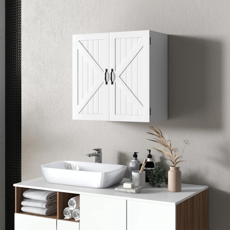 kleankin Armoire Murale Salle de Bain en Bois Style Campagnard avec Étagère Réglable, 60x30x60cm, Blanc